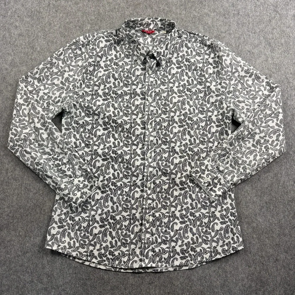 GUESS Womens Paisley Button Up Shirt White Black Long Sleeve XL Regular Fit